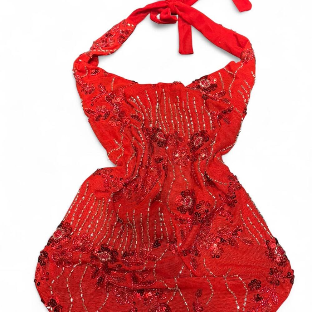 Y2K open back beaded sparkly halter tank, red medium